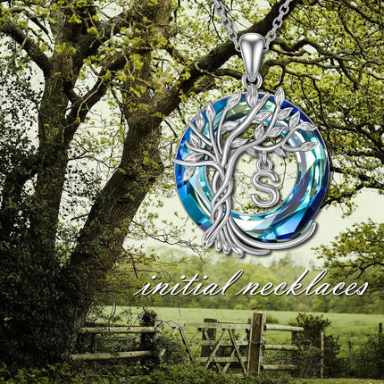 925 Sterling Silver Blue Crystal Tree of Life Initial Necklace Family Letter Pendant Birthday Mother s Day Gifts for Her