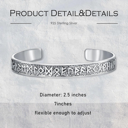 925 Sterling Silver Metal Rune Design Adjustable Cuff Bracelet for Men & Women