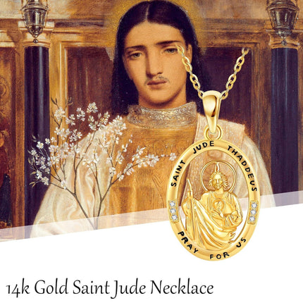 14K Gold Saint Jude Thaddeus Pendant Necklace with Cubic Zirconia - Religious Protection s for Women on Valentines and Mother's Days