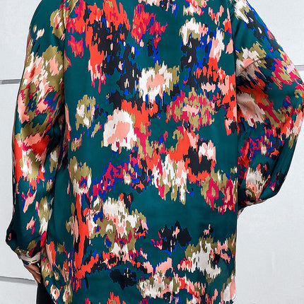 Plus Size Printed Johnny Collar Long Sleeve Blouse