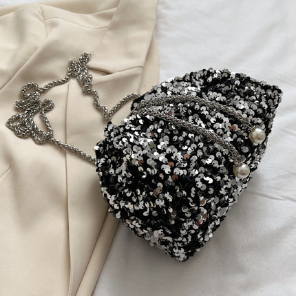 Sequin Chain Drawstring Bucket Bag