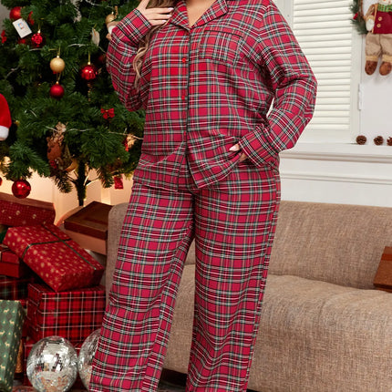 Plus Size Plaid Collared Neck Top and Pants Lounge Set