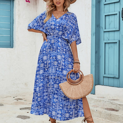 Slit Printed V-Neck Half Sleeve Dress