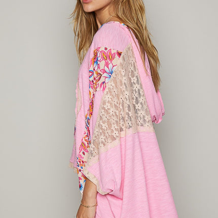 POL V-Neck Floral Print Peace Patch Lace Hooded Top