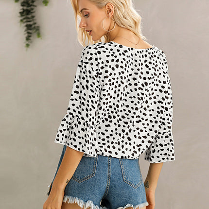 Tied Printed Button Up V-Neck Blouse