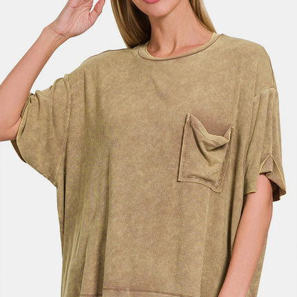 Zenana Ribbed Round Neck Drop Shoulder T-Shirt