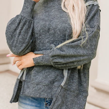 Double Take Acid Wash Round Neck Seam Detail Slit Sweatshirt