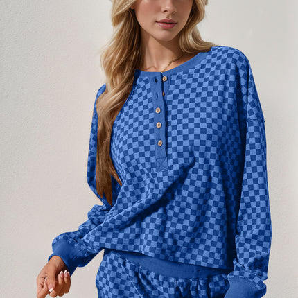 Double Take Checkered Half Button Top and Shorts Set - Vickie Lynn's