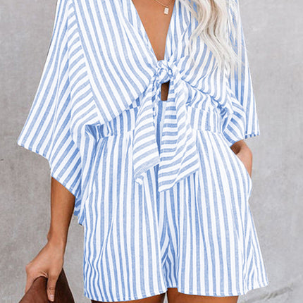 Bow Striped Kimono Sleeve Romper