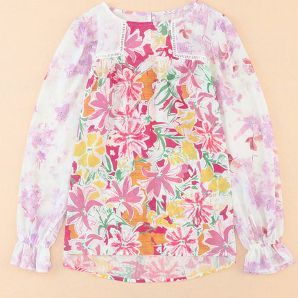 Floral Round Neck Flounce Sleeve Blouse