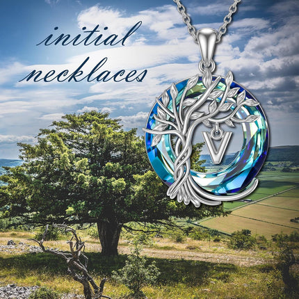 925 Sterling Silver Blue Crystal Tree of Life Initial Necklace Family Letter Pendant Birthday Mother s Day Gifts for Her