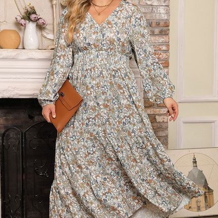 Plus Size Printed Balloon Sleeve Ruffle Hem Dress