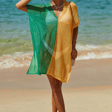 Double Take Openwork Contrast Slit Knit Cover Up