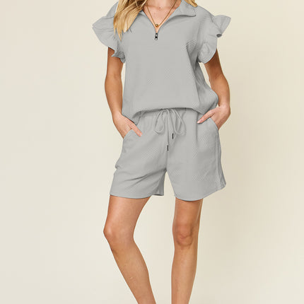 Double Take Full Size Texture Flounce Sleeve Top and Drawstring Shorts Set - Vickie Lynn's