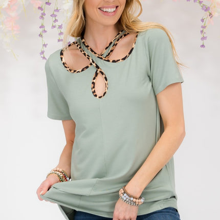 Celeste Full Size Crisscross Cutout Leopard Contrast Trim T-Shirt