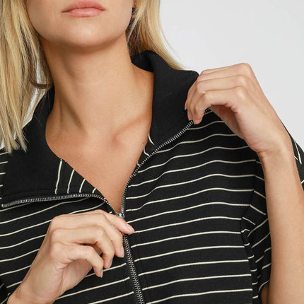 Umgee Striped Half Zip Short Sleeve Sweatshirt