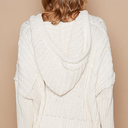 POL Rib Weave Sleeves Hooded Cable Knit Sweater