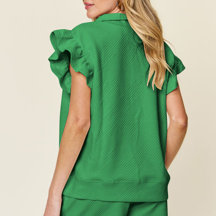 Double Take Full Size Texture Flounce Sleeve Top and Drawstring Shorts Set - Vickie Lynn's