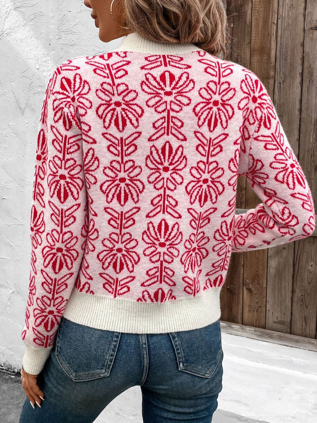 Flower Round Neck Long Sleeve Sweater