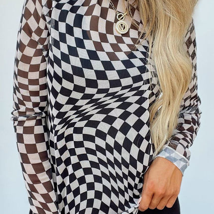 Checkered Mock Neck Long Sleeve Blouse