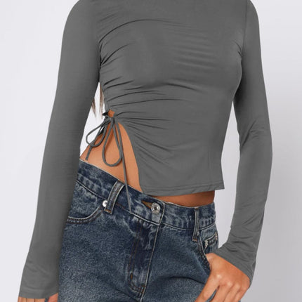 Tied Slit Round Neck Long Sleeve T-Shirt