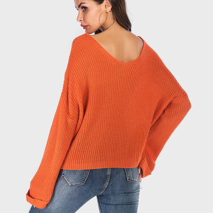 Perfee V-Neck Dropped Shoulder Long Sleeve Sweater