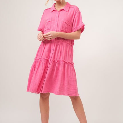 And The Why Full Size Raw Edge Washed Tiered Shirt Dress