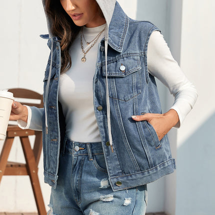 Pocketed Button Up Hooded Denim Jacket