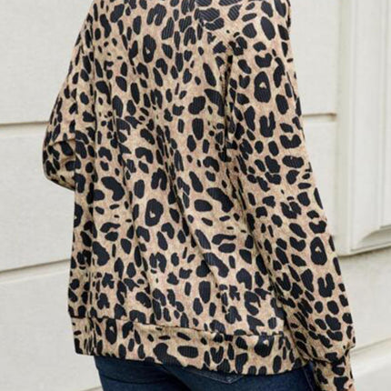 Full Size Leopard Collared Neck Zip Up Jacket