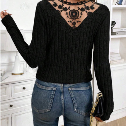 Lace Detail V-Neck Long Sleeve T-Shirt