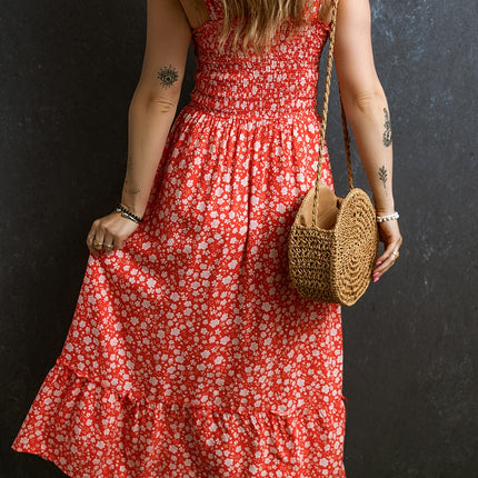 Smocked Printed Tie Shoulder Dress