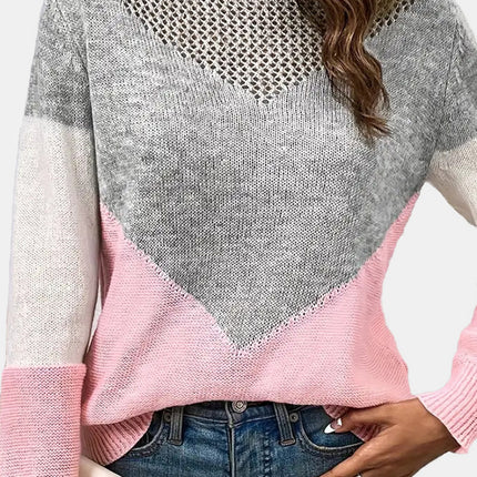 Openwork Contrast Round Neck Long Sleeve Knit Top