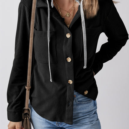 Drawstring Button Up Long Sleeve Hooded Jacket - Vickie Lynn's