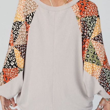 Leopard Contrast V-Neck Long Sleeve Blouse