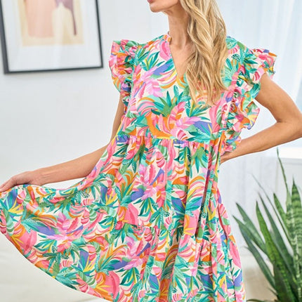 First Love Ruffled Printed Notched Cap Sleeve Dress