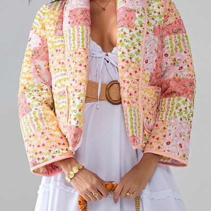 Printed Patchwork Open Front Cardigan with Pockets