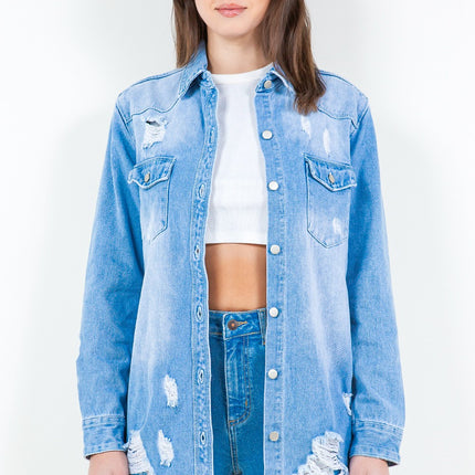 American Bazi Frayed Hem Distressed Denim Shirt Jacket