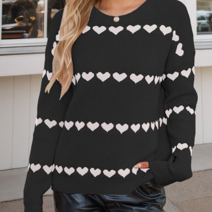 Heart Round Neck Long Sleeve Sweater