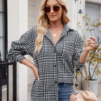 Mandy Pocketed Plaid Collared Neck Long Sleeve Shirt