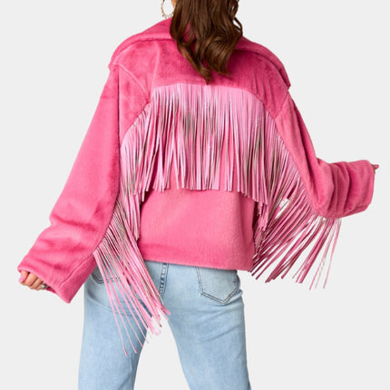 Fringed Zip Up Fleece Jacket