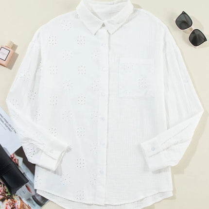 Eyelet Collared Neck Long Sleeve Shirt