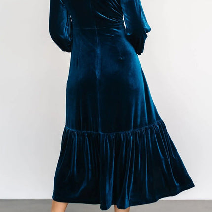 V-Neck Long Sleeve Midi Velvet Dress