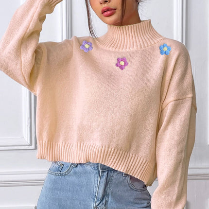 Flower Turtleneck Long Sleeve Sweater