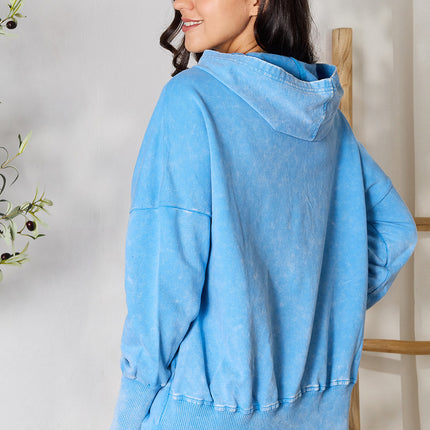 Zenana Half Snap Long Sleeve Hoodie with Pockets