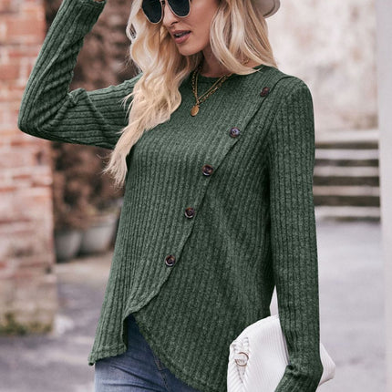 Double Take Ribbed Round Neck Buttoned Long Sleeve Tee