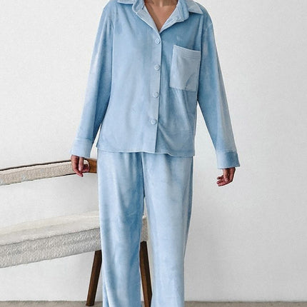 Basic Bae Buttery-Soft Collared Neck Button Up Top and Pants Set