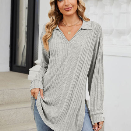 Slit Johnny Collar Long Sleeve T-Shirt