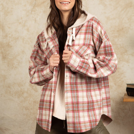 Drawstring Plaid Long Sleeve Hooded Jacket