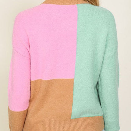 Color Block Mock Neck Ribbed Trim Sweater