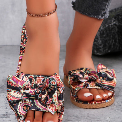 Bow Printed Open Toe Flat Sandals